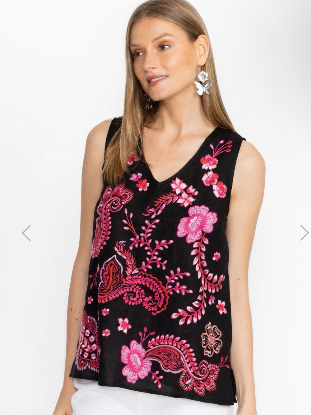 Johnny Was Black Tank Top with Pink Floral Embroidery